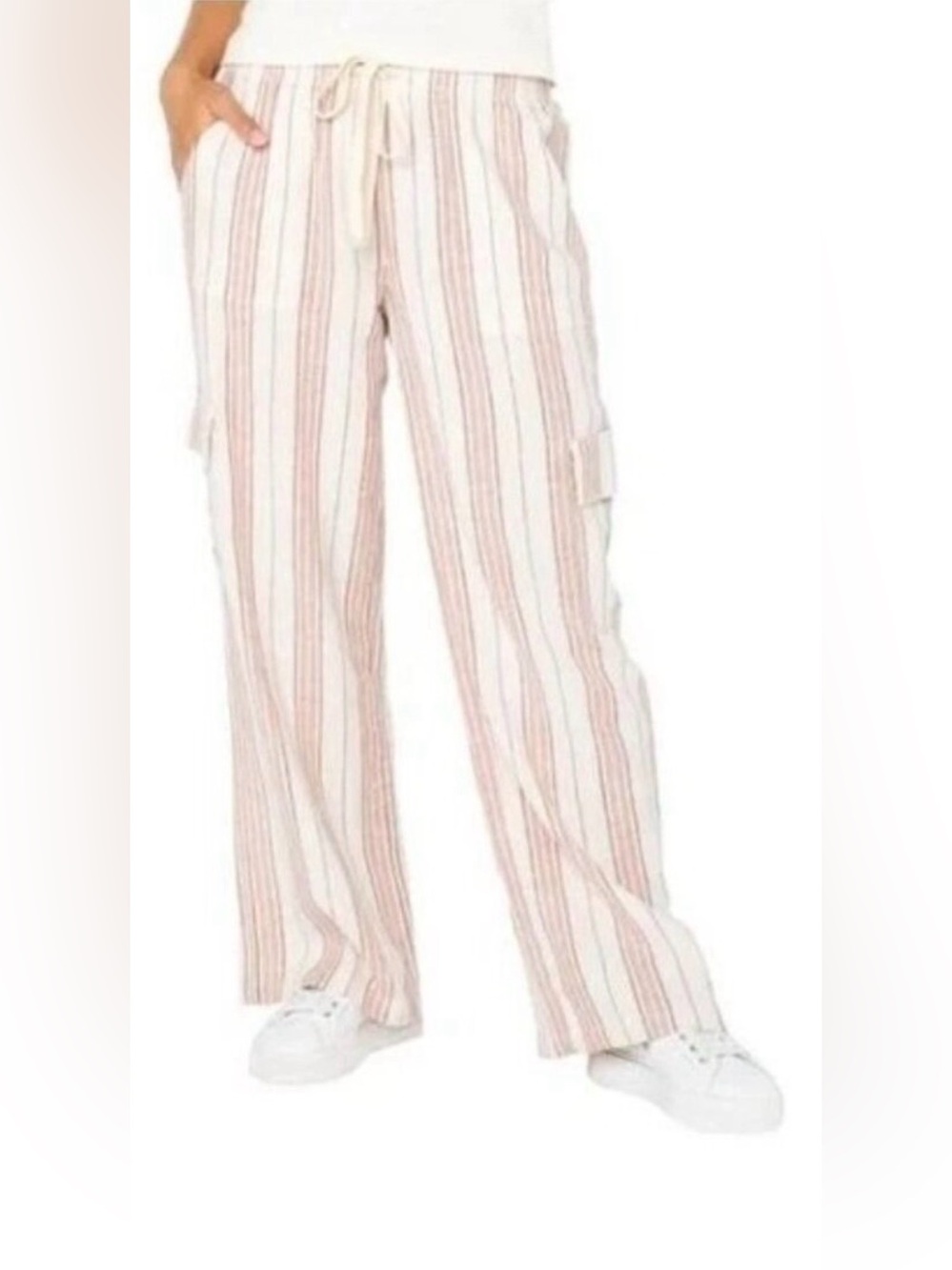 Roxy Cream and Pink Striped Wide-Leg Cargo Pants Size XL EUC Boho Beach Cottage